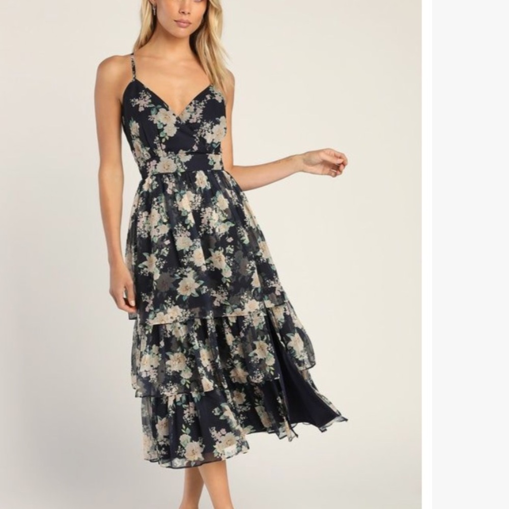Lulu's Navy Floral Midi Dress